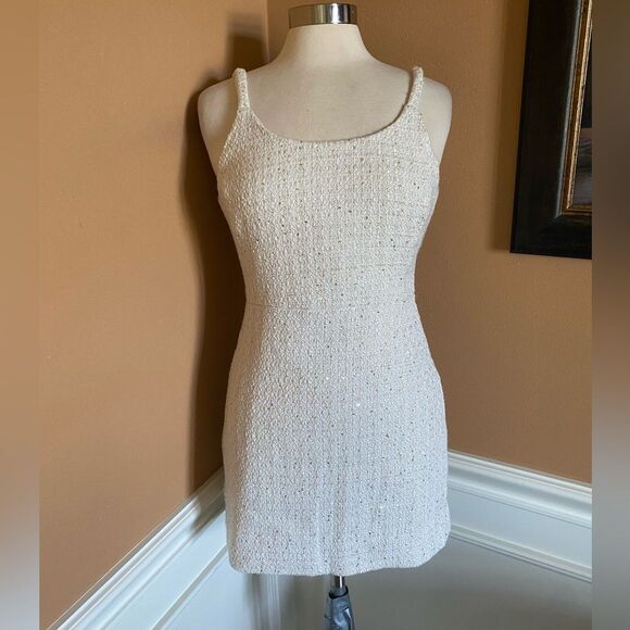 Mango Ivory Tweed Mini Dress Subtle Sequin Strappy Chic M - Picture 5 of 14